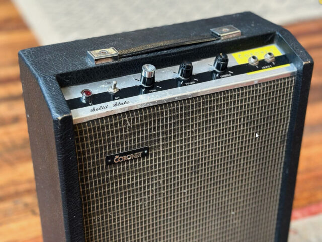 A Coronet solid state 5W guitar amplifier, the same model as the author's first amp