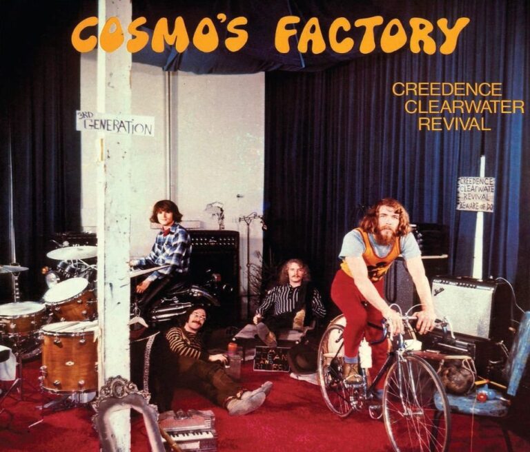 Cosmo's Factory album cover by Creedence Clearwater Revival: the band in a rehearsal room with drums, amplifiers and a bicycle
